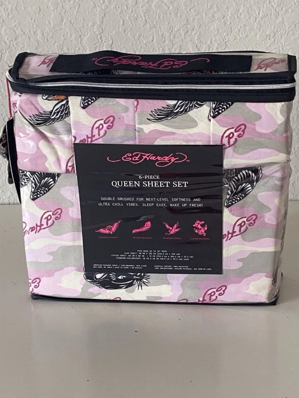 6 Piece Ed Hardy QUEEN Size Sheet Set Pink Grey Camo Eagle Tiger Logo NEW‎